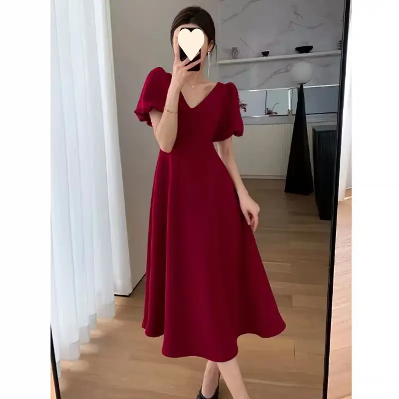 Black French V Neck Hepburn Style Skirt for Plus Size Women - Image 2