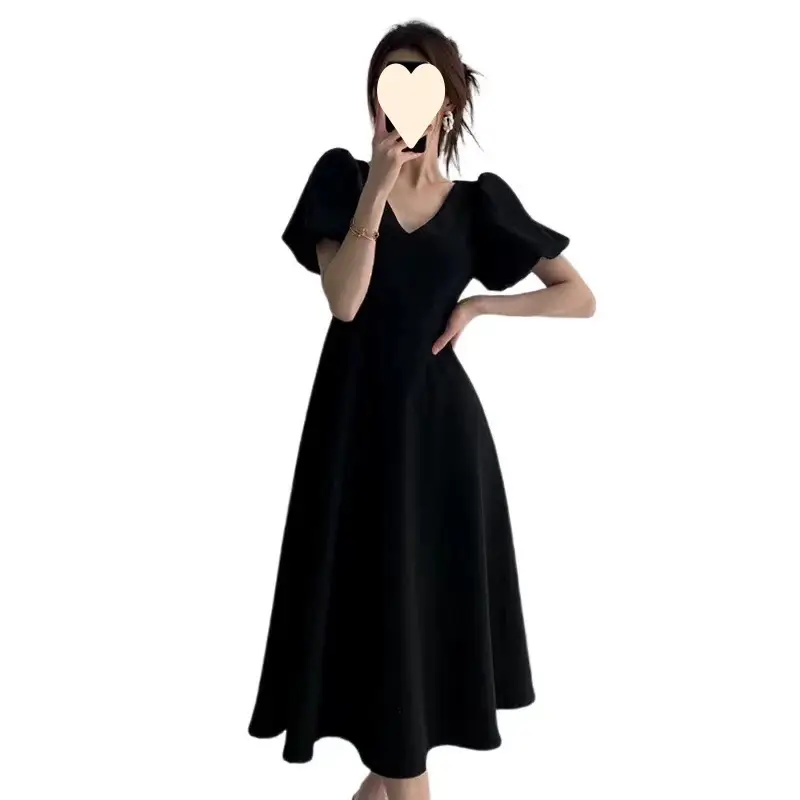 Black French V Neck Hepburn Style Skirt for Plus Size Women - Image 5