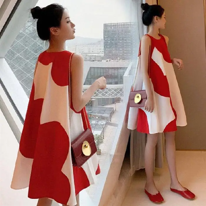 Korean Style Plus Size Sleeveless Midi Dress Red White
