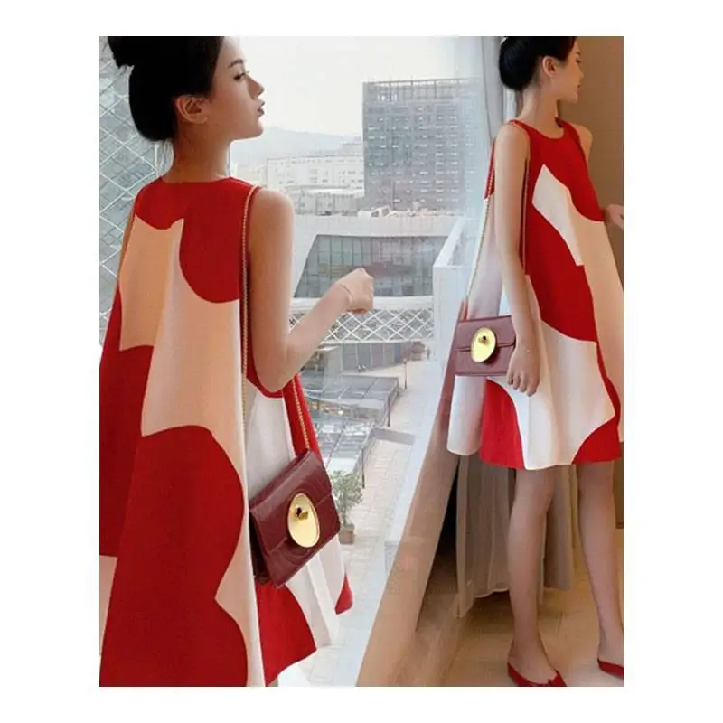 Korean Style Plus Size Sleeveless Midi Dress Red White