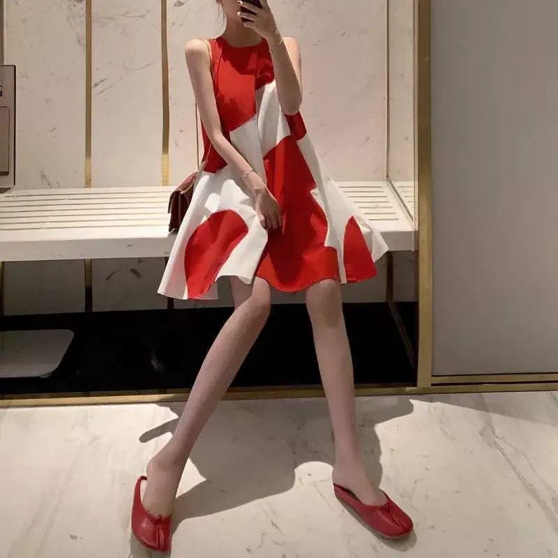 Korean Style Plus Size Sleeveless Midi Dress Red White — feature 10
