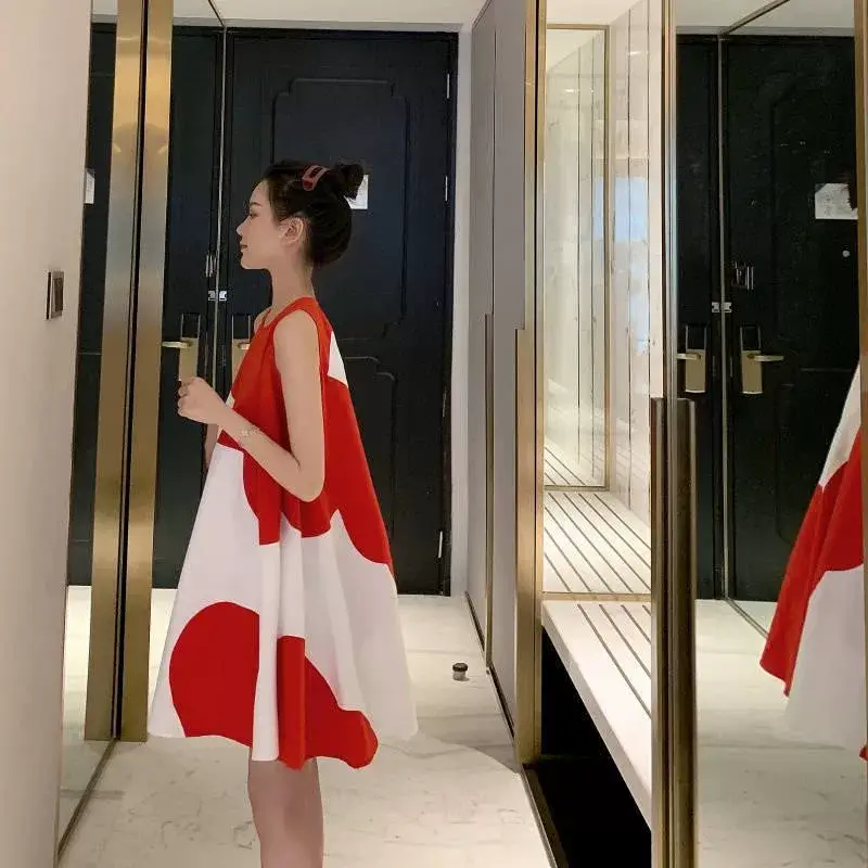 Korean Style Plus Size Sleeveless Midi Dress Red White — feature 11