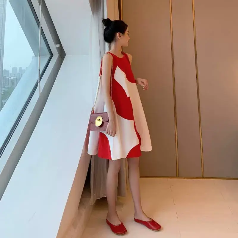 Korean Style Plus Size Sleeveless Midi Dress Red White — feature 14