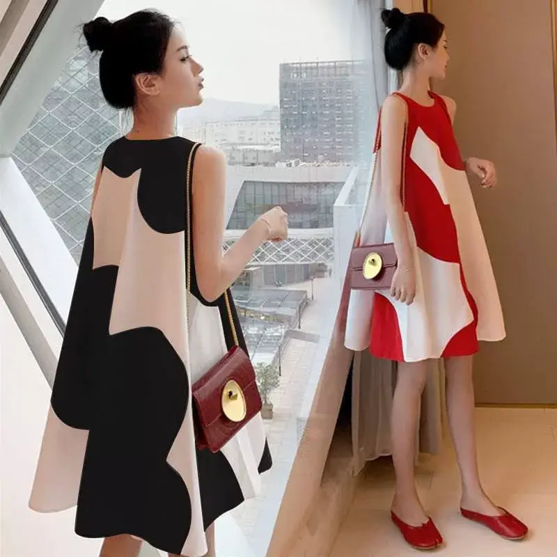 Korean Style Plus Size Sleeveless Midi Dress Red White — feature 4