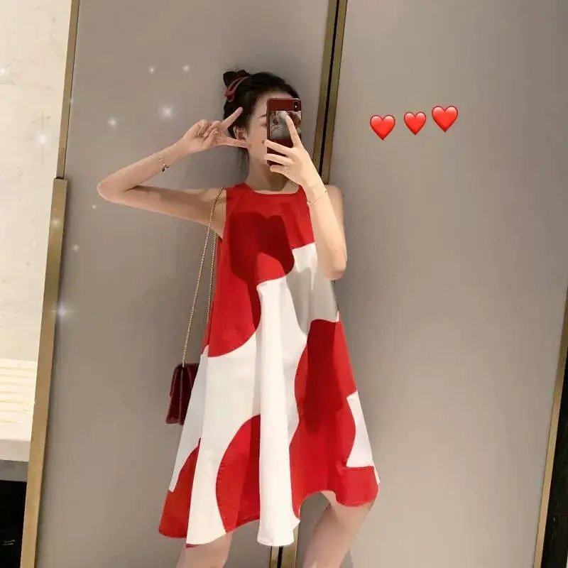 Korean Style Plus Size Sleeveless Midi Dress Red White — feature 6