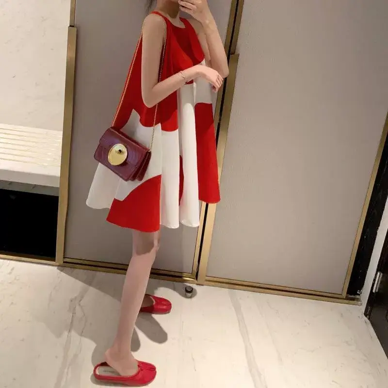Korean Style Plus Size Sleeveless Midi Dress Red White — feature 7