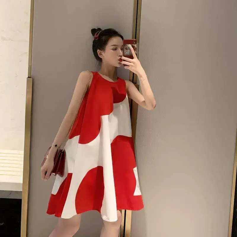 Korean Style Plus Size Sleeveless Midi Dress Red White — feature 9