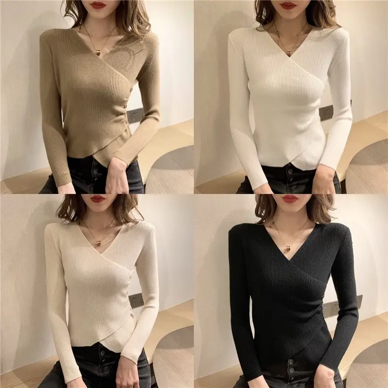 V-Neck Long Sleeve Tight Knit Women's Sweater Black White - Image 8
