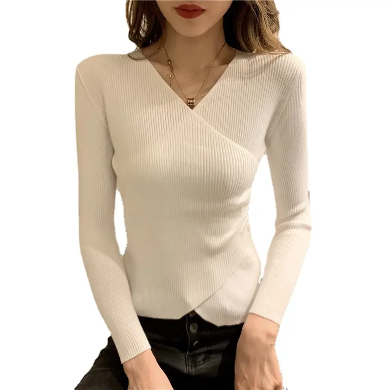 V-Neck Long Sleeve Tight Knit Women's Sweater Black White - Image 9