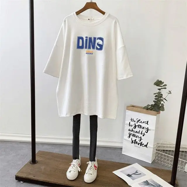 Pregnant Women Dinosaur Print T-Shirt White Loose Fit