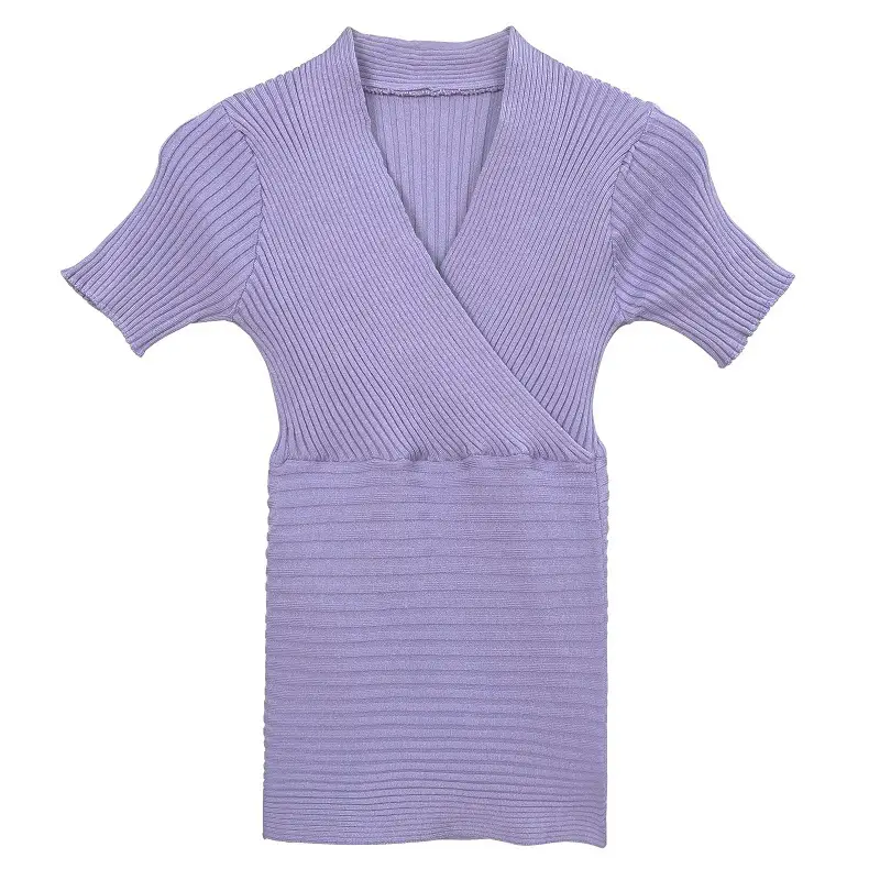 Women Knitted V-Neck T-Shirt Large Beige - Image 10