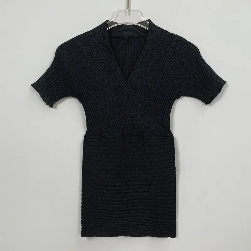 Women Knitted V-Neck T-Shirt Large Beige - Image 2