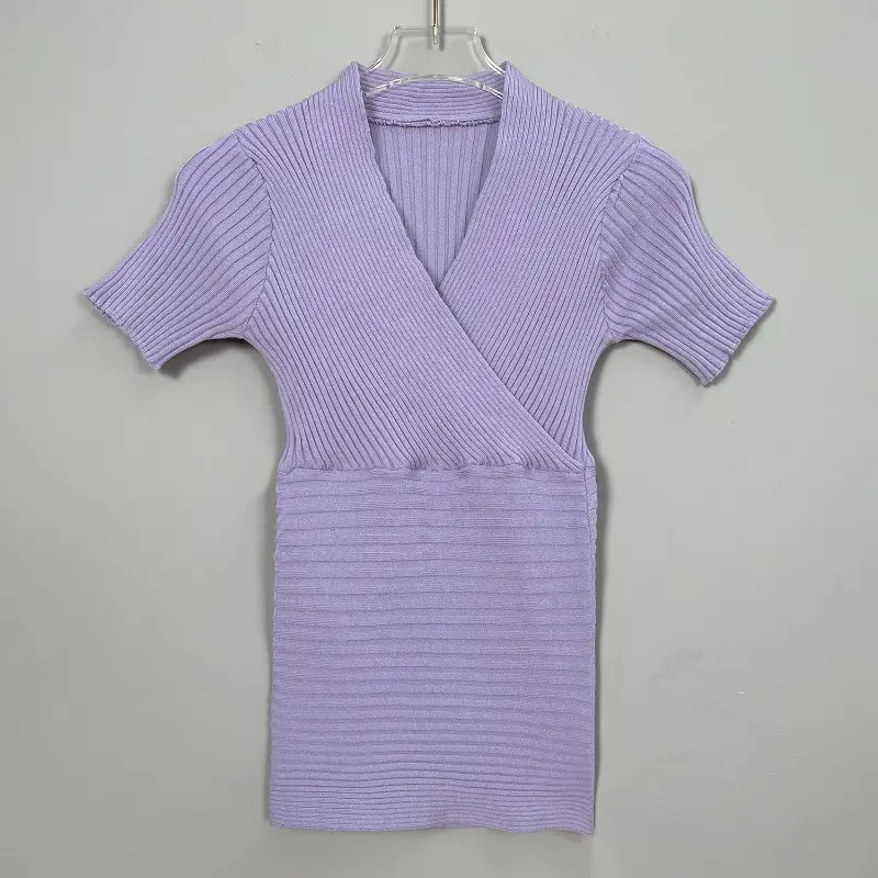 Women Knitted V-Neck T-Shirt Large Beige - Image 3