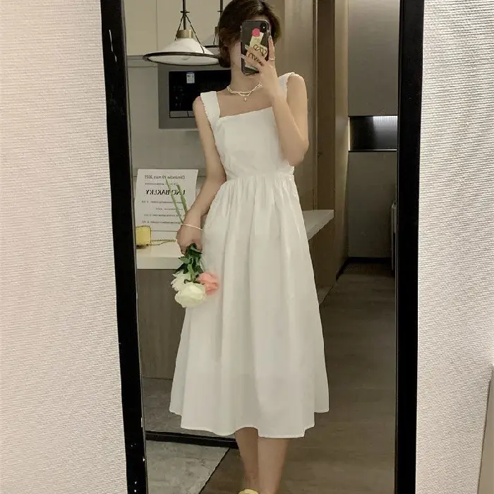 White French Dress Women Summer 2025 Mid-Length Waist Slimming Look - Image 3