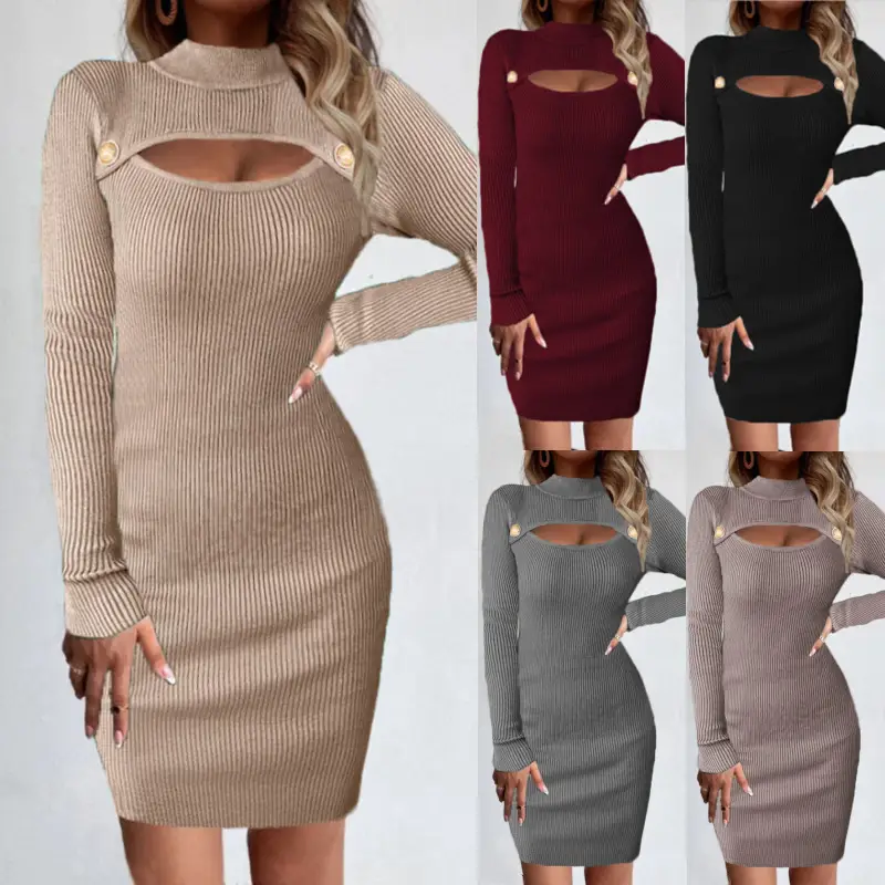 Long Sleeve Hollow Cutout Knitted Sweater Dress