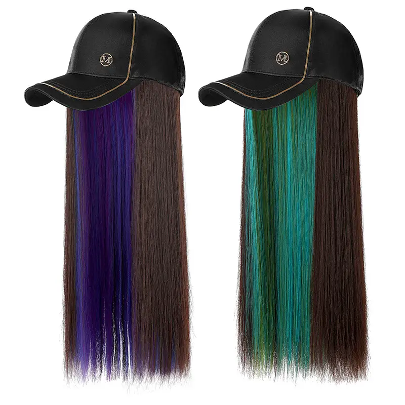 Women's Long Straight Hair Cap Wig Brown Green Purple