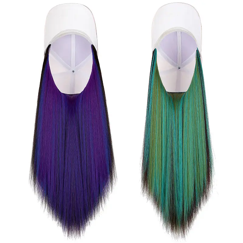 Women's Long Straight Hair Cap Wig Brown Green Purple