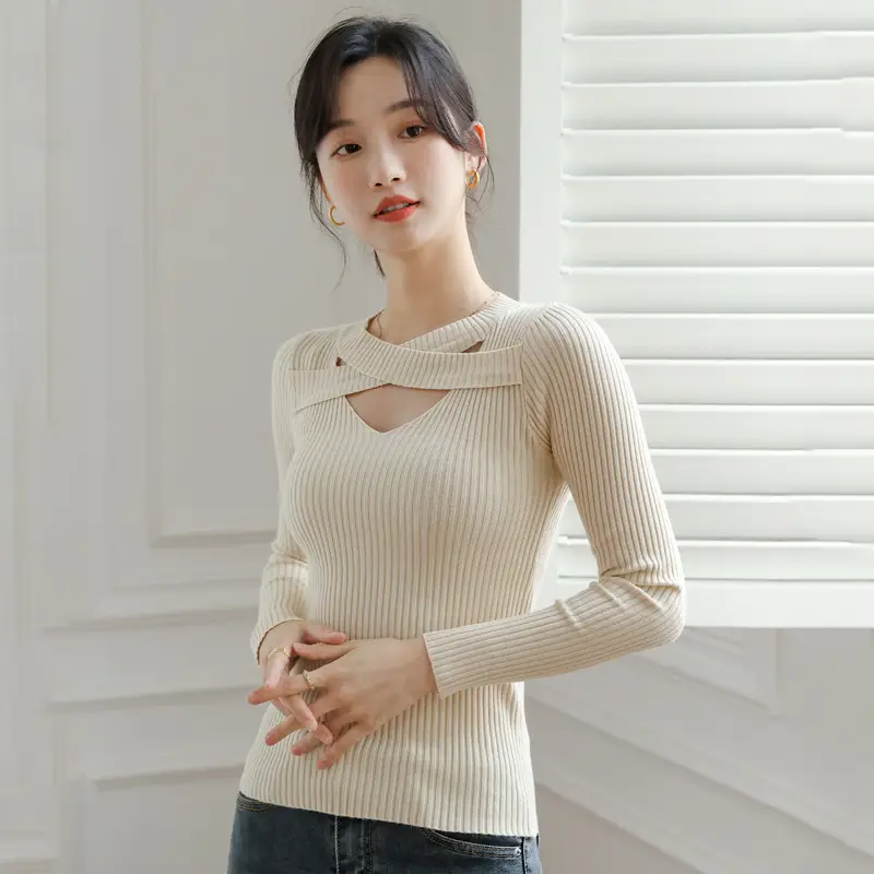 Women's Grey Knit Hollow Neck Top Sweater - Image 4