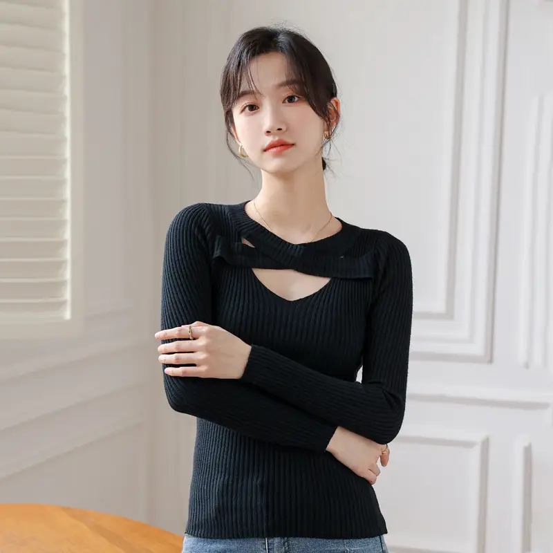 Women's Grey Knit Hollow Neck Top Sweater - Image 2