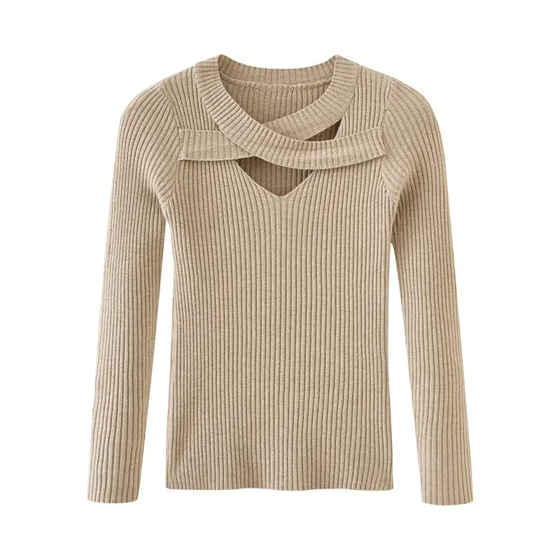 Women's Grey Knit Hollow Neck Top Sweater - Image 6