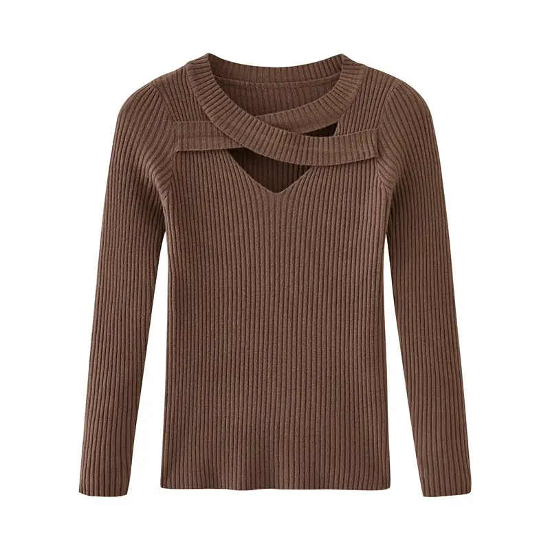 Women's Grey Knit Hollow Neck Top Sweater - Image 5