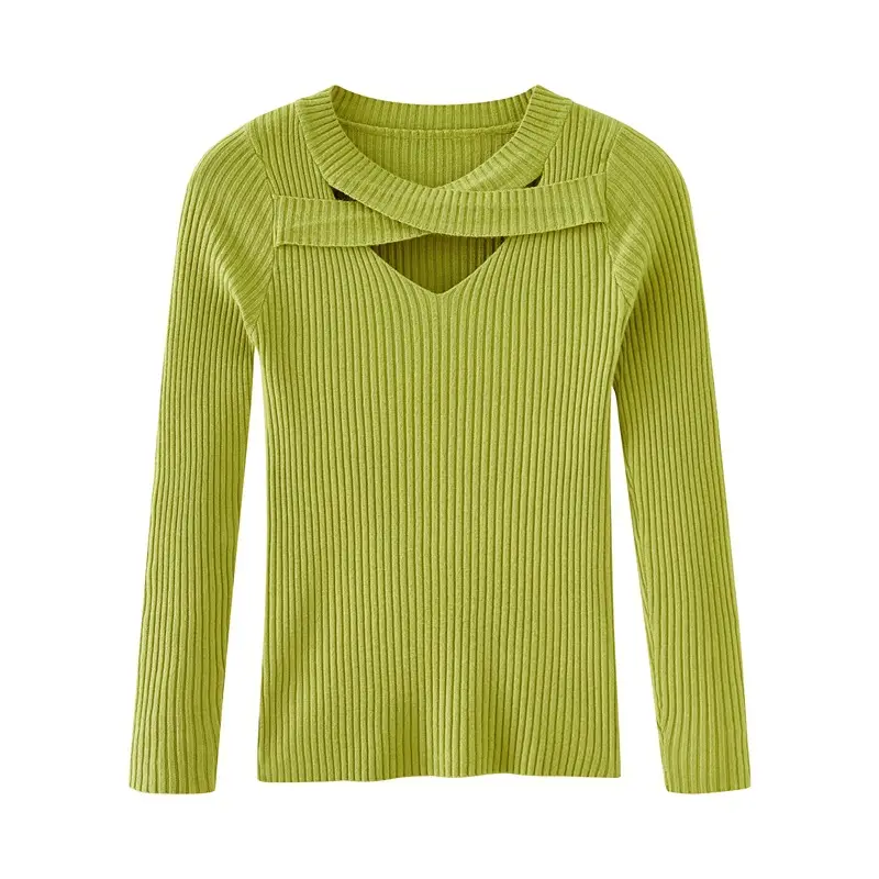 Women's Grey Knit Hollow Neck Top Sweater - Image 7