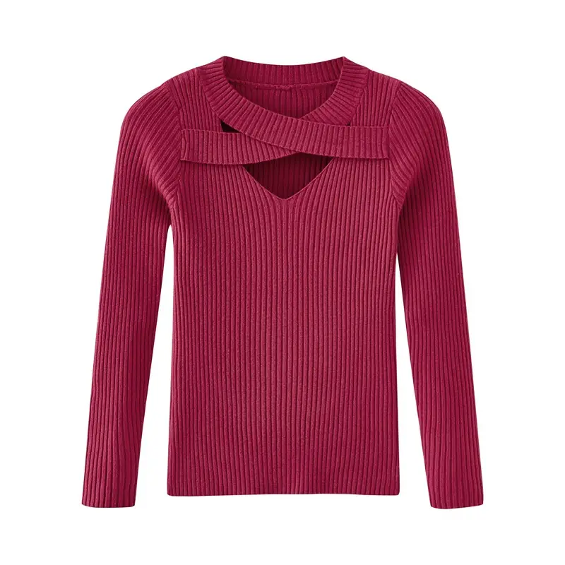 Women's Grey Knit Hollow Neck Top Sweater - Image 8