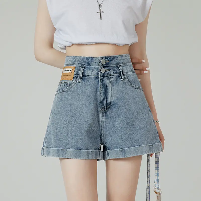 Women High Waist Denim Shorts Curling Edge - Image 4