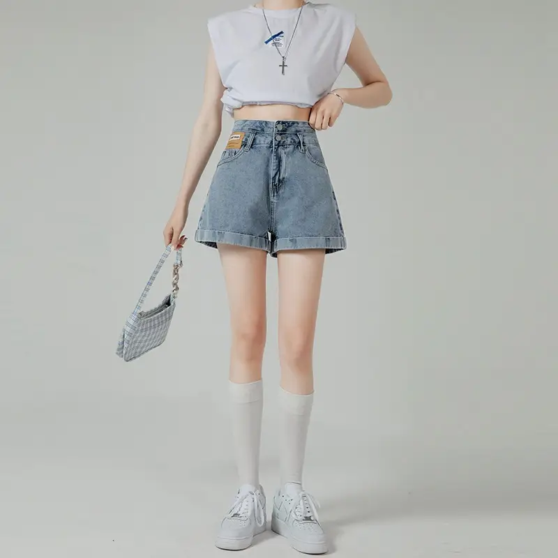 Women High Waist Denim Shorts Curling Edge - Image 5