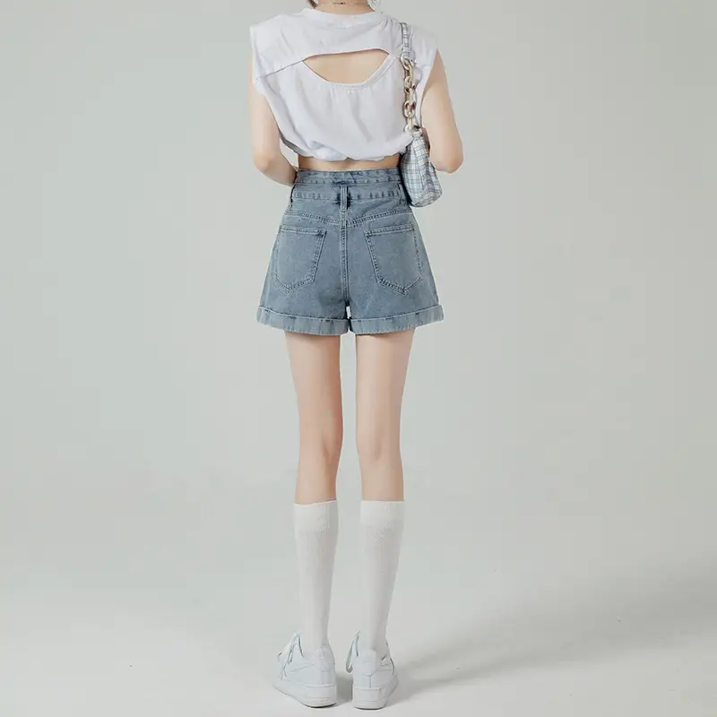 Women High Waist Denim Shorts Curling Edge - Image 6