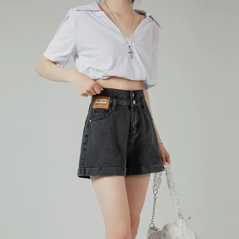 Women High Waist Denim Shorts Curling Edge - Image 2