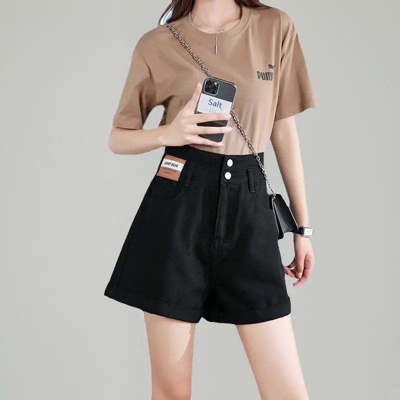 Women High Waist Denim Shorts Curling Edge - Image 3