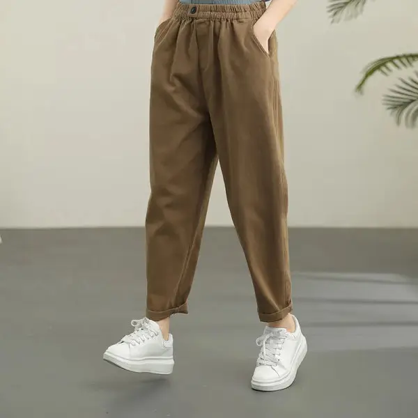 Women Solid Color Cropped Elastic Waist Pants - Image 5