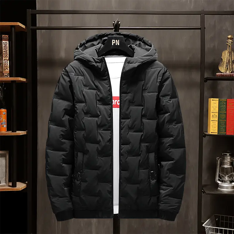 Men's Black Hooded Cotton Puffer Jacket Winter 2024 - Image 2