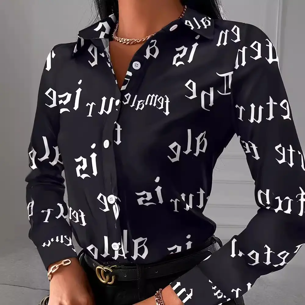 Black Printed Long Sleeve Women's Shirt with Chain Design - Image 13