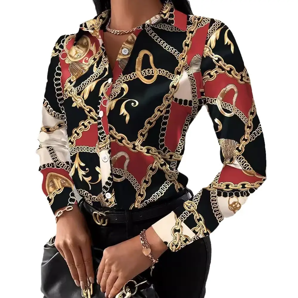 Black Printed Long Sleeve Women's Shirt with Chain Design - Image 14