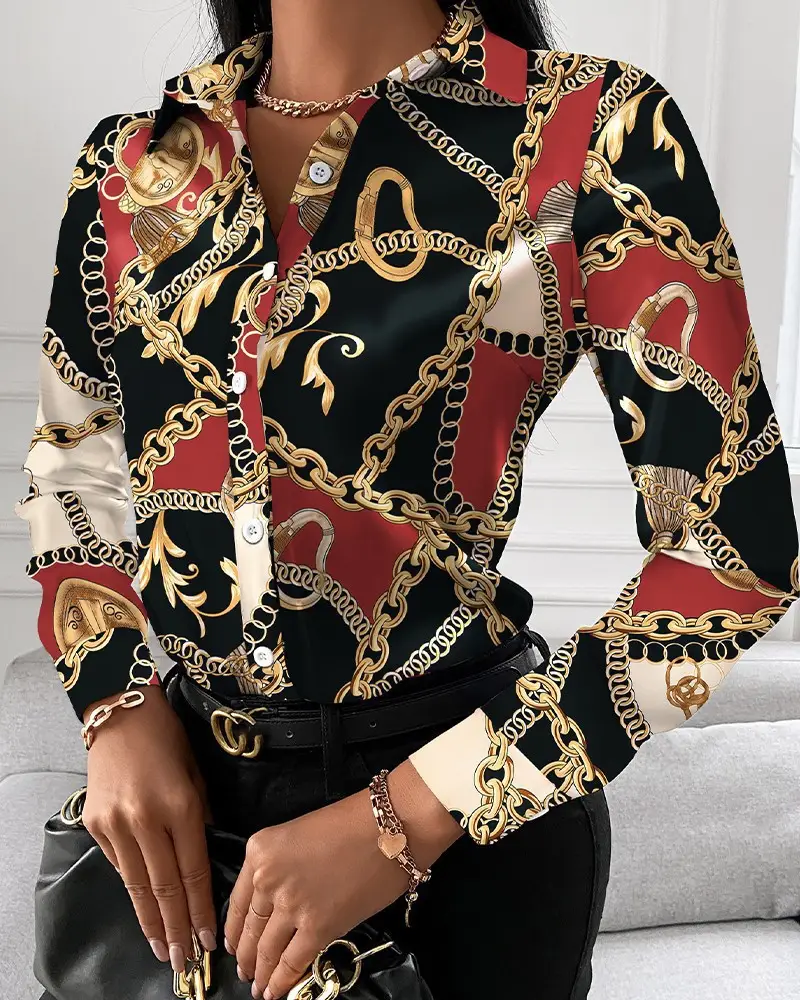 Black Printed Long Sleeve Women's Shirt with Chain Design - Image 2