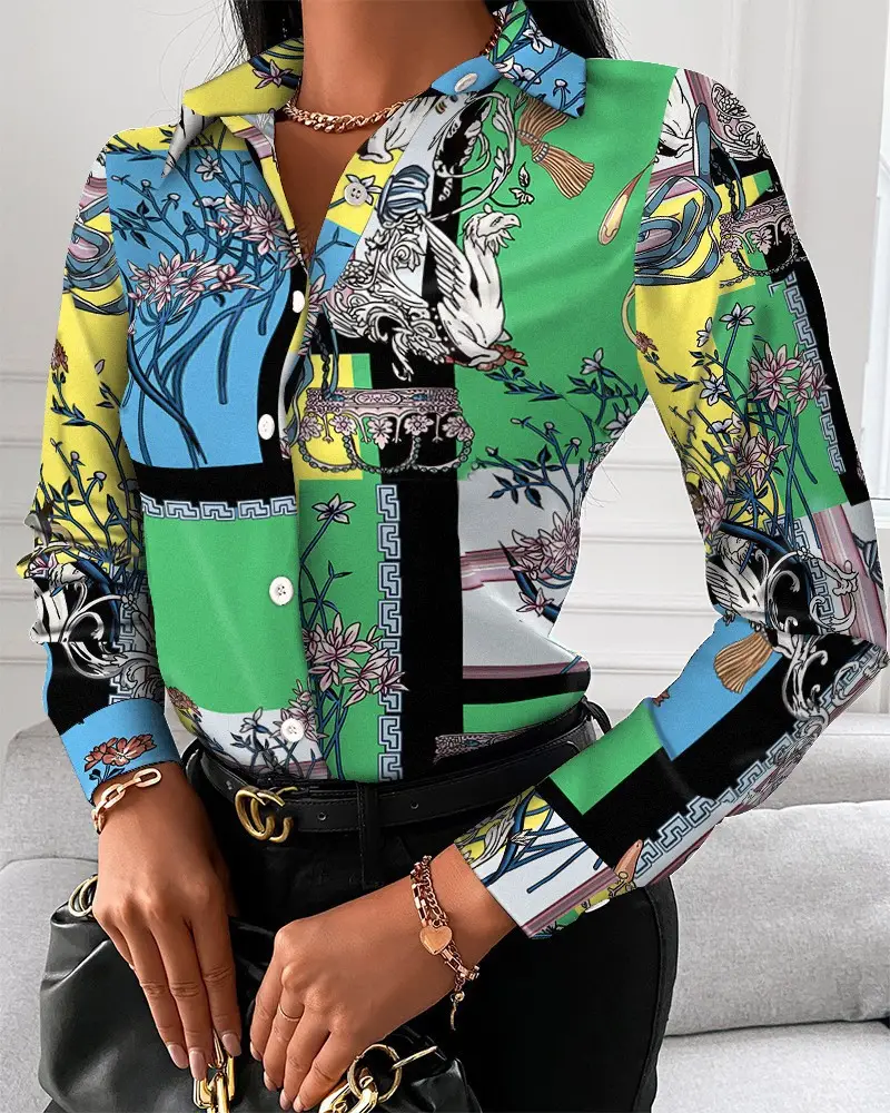 Black Printed Long Sleeve Women's Shirt with Chain Design - Image 3