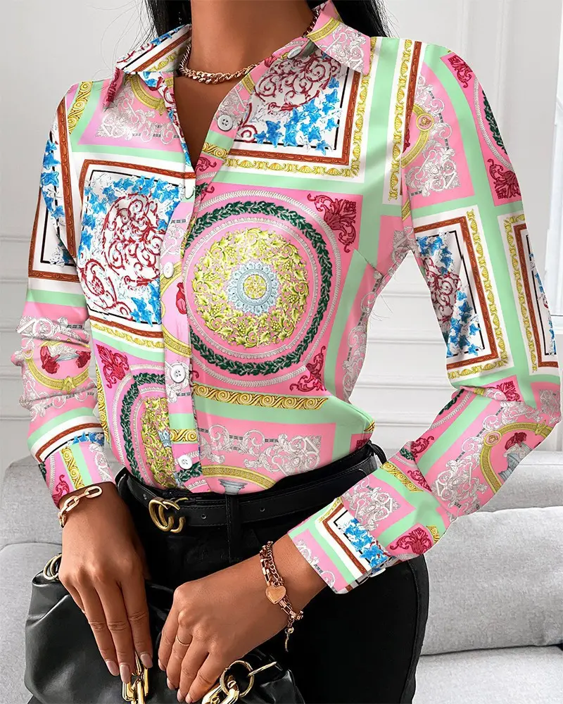 Black Printed Long Sleeve Women's Shirt with Chain Design - Image 4