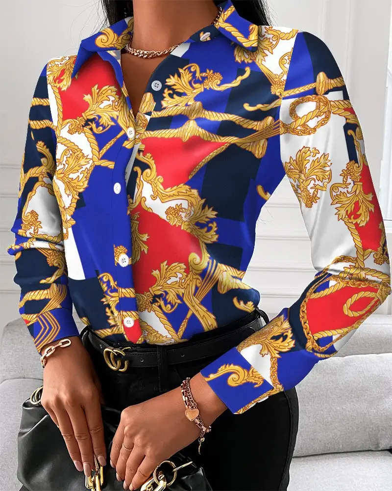 Black Printed Long Sleeve Women's Shirt with Chain Design - Image 5