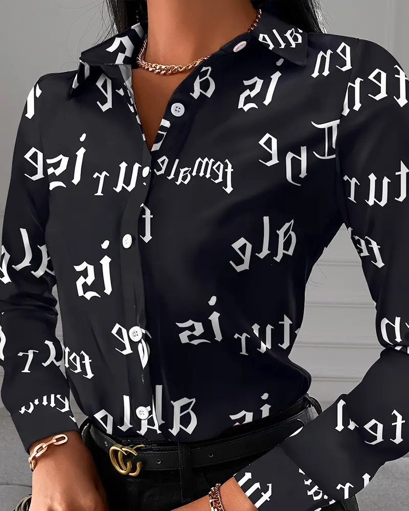 Black Printed Long Sleeve Women's Shirt with Chain Design - Image 6