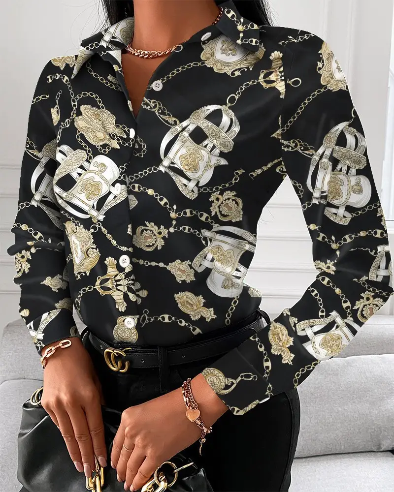 Black Printed Long Sleeve Women's Shirt with Chain Design - Image 8