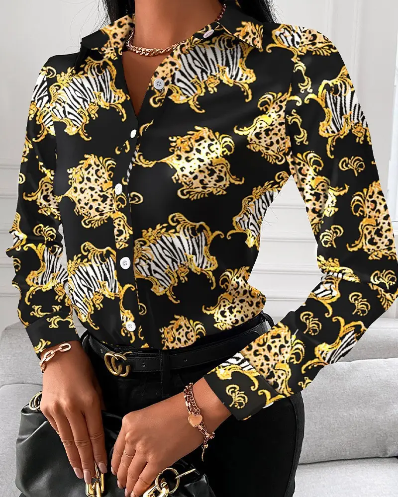 Black Printed Long Sleeve Women's Shirt with Chain Design - Image 9