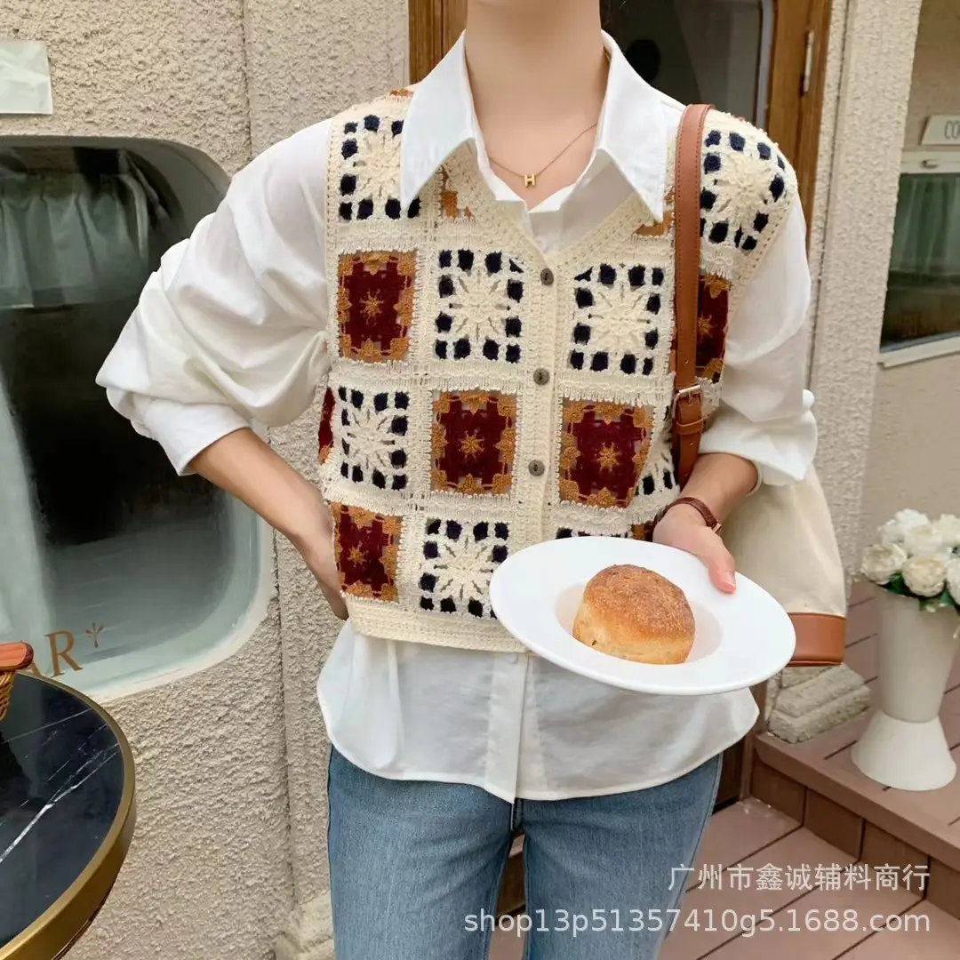 Women Crochet V-Neck Vest with Floral Embroidery