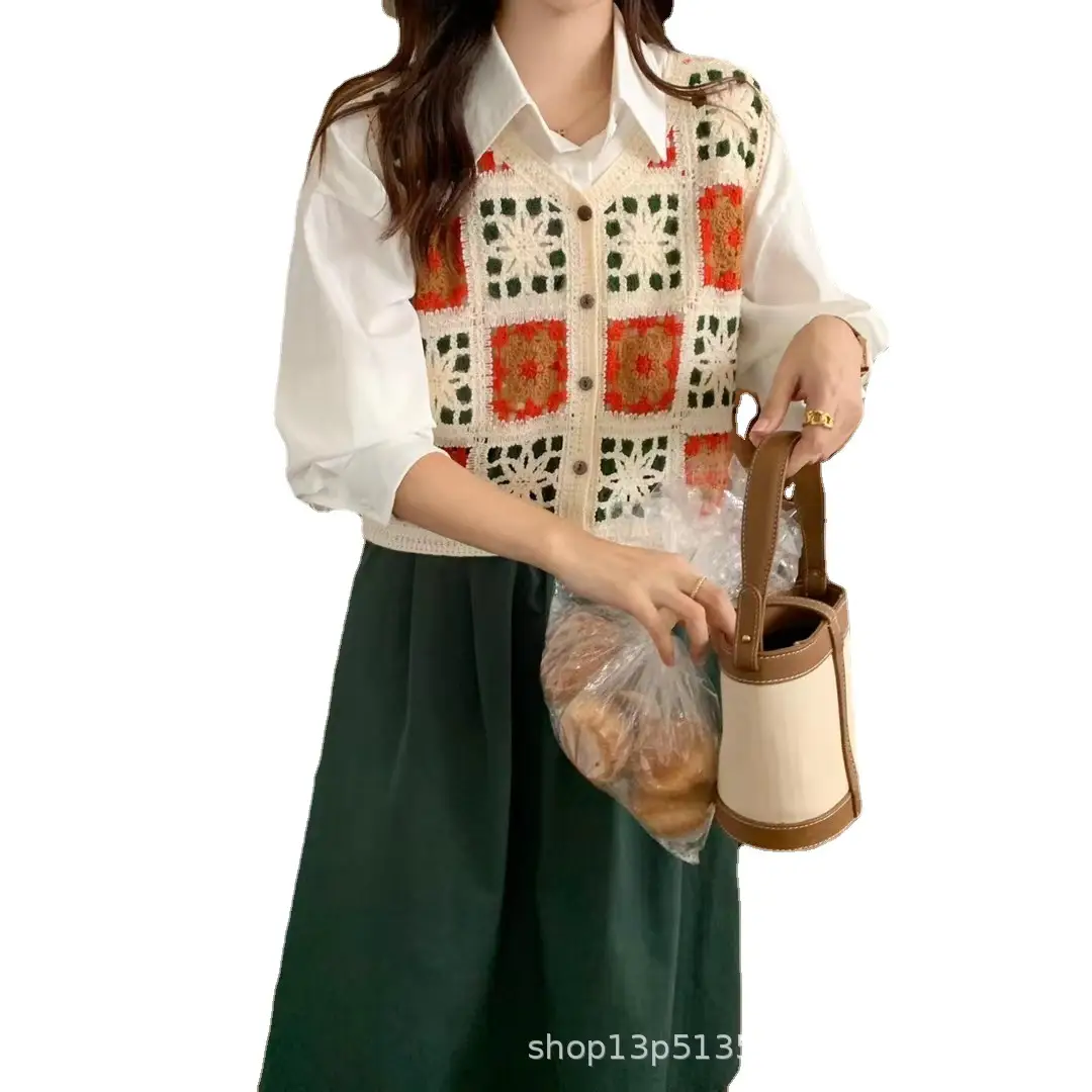 Women Crochet V-Neck Vest with Floral Embroidery