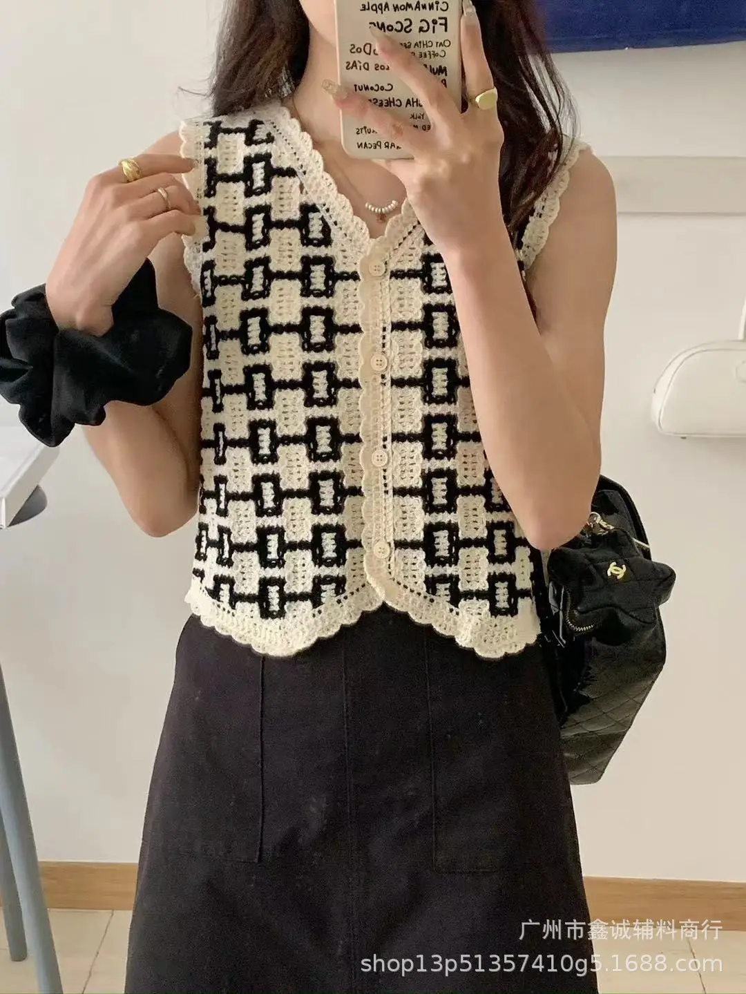 Women Crochet V-Neck Vest with Floral Embroidery