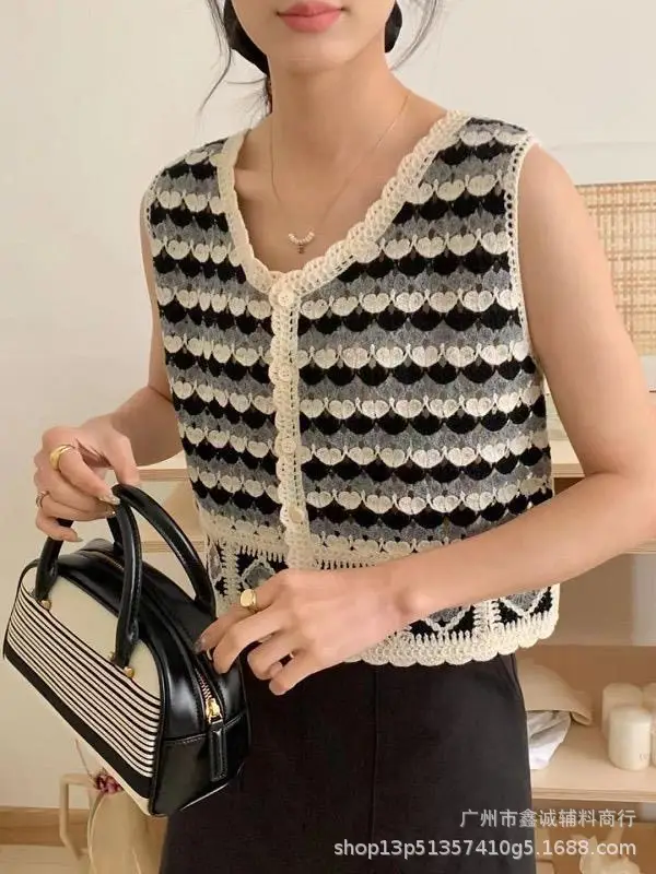 Women Crochet V-Neck Vest with Floral Embroidery