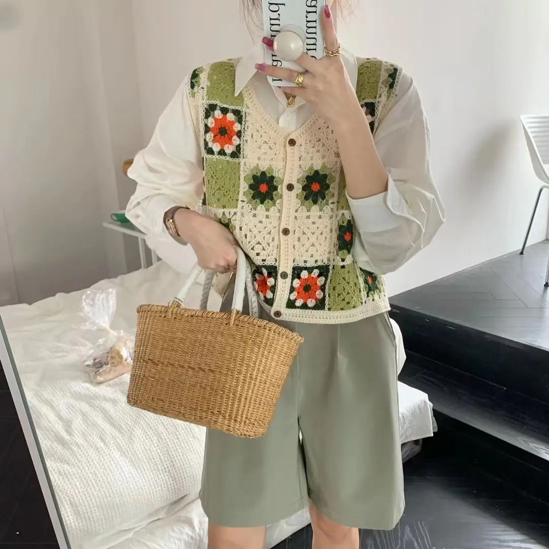 Women Crochet V-Neck Vest with Floral Embroidery