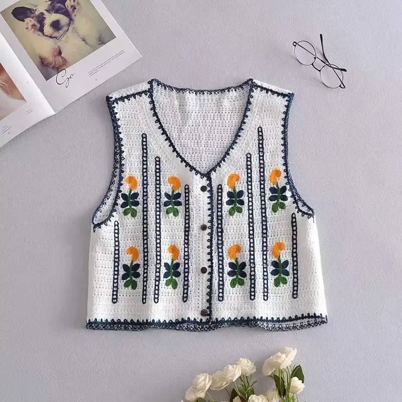 Women Crochet V-Neck Vest with Floral Embroidery