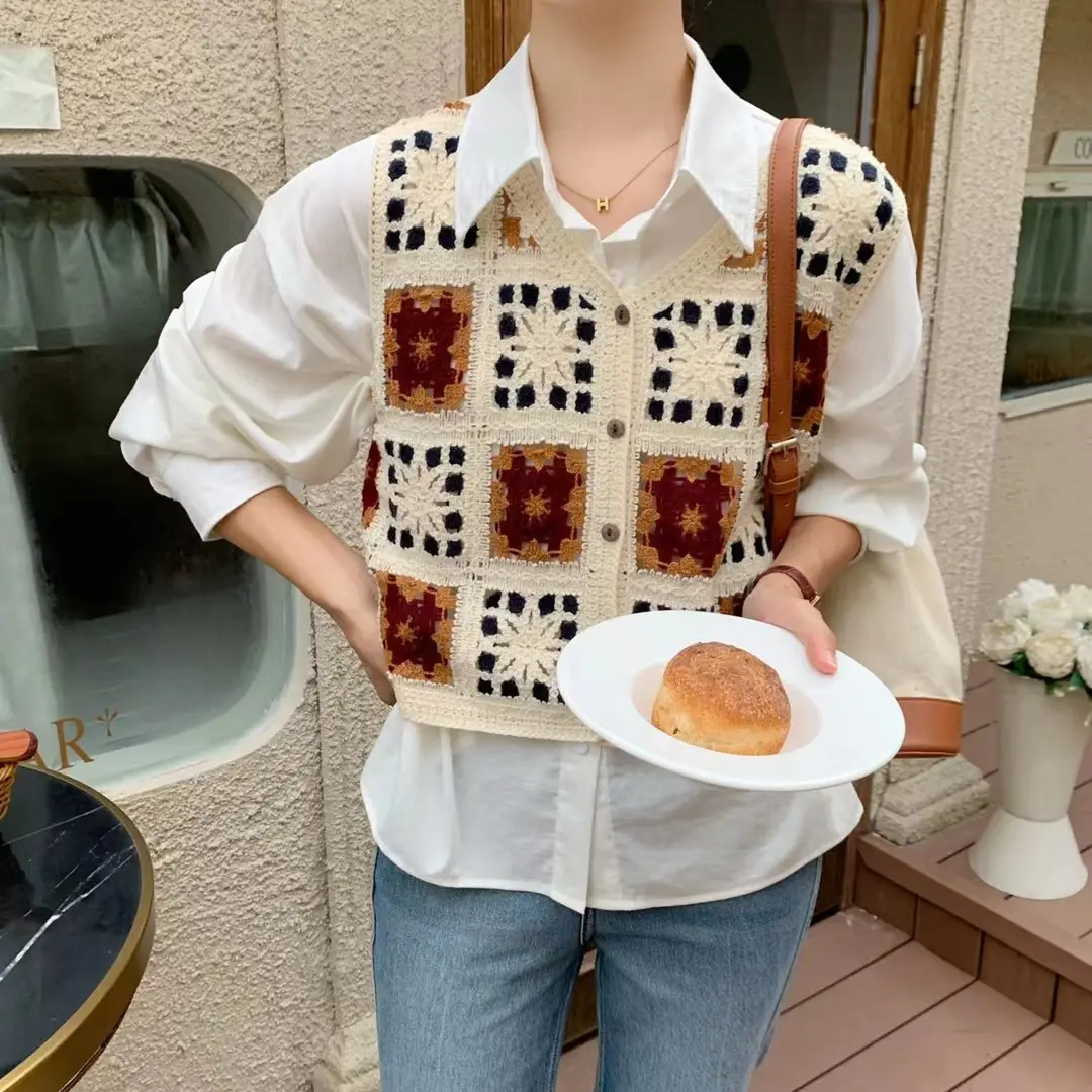 Women Crochet V-Neck Vest with Floral Embroidery
